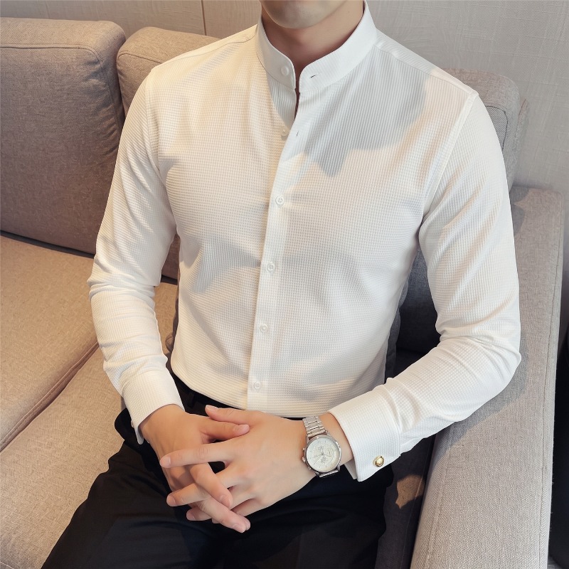 Men's Mandarin Collar Long Sle - Mandarin Collar Formal Shirt Slim Fit ulasan dan harga