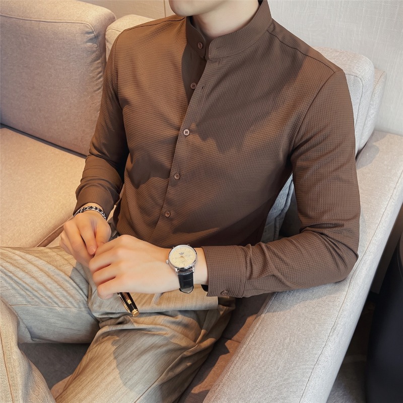 Men's Mandarin Collar Long Sle - Mandarin Collar Formal Shirt Slim Fit ulasan dan harga