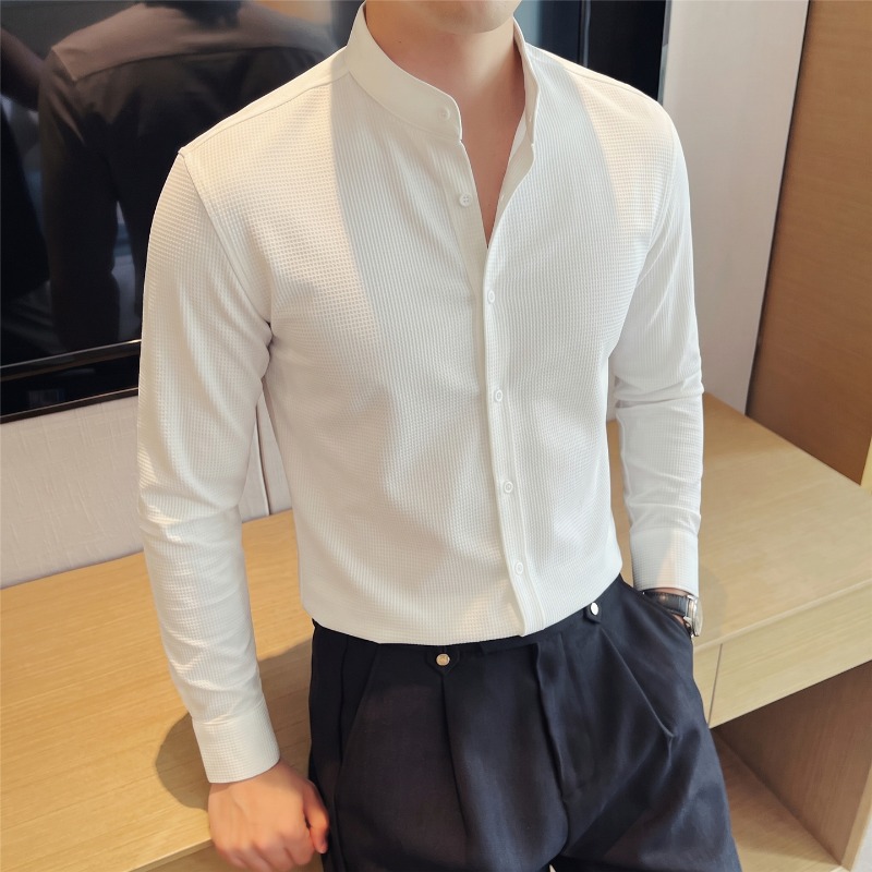 Men's Mandarin Collar Long Sle - Mandarin Collar Formal Shirt Slim Fit ulasan dan harga