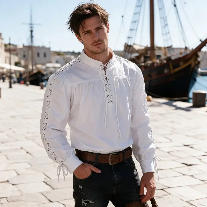 Men Medieval Pirate Shirt Full - Medieval Gothic Lace Up Pirate Shirt ulasan dan harga