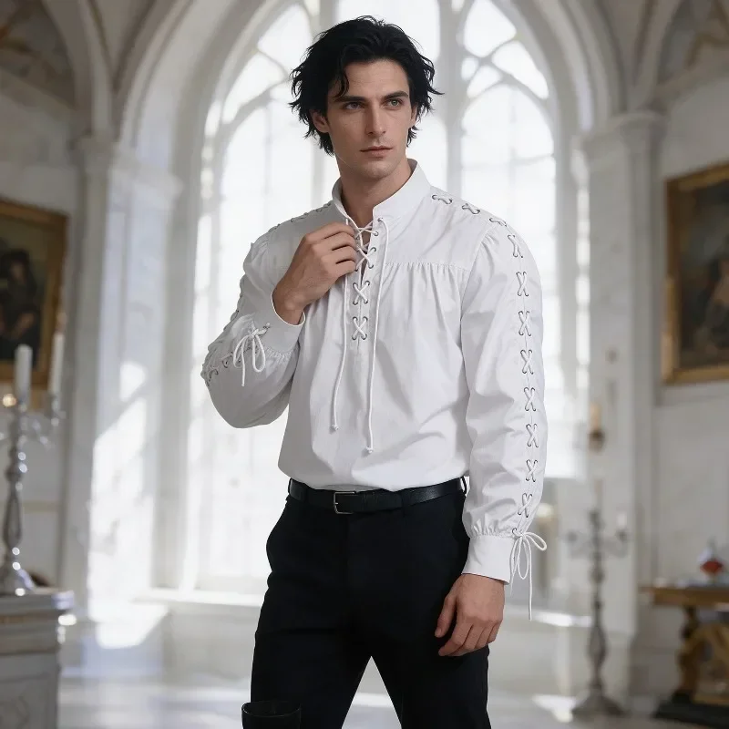 Men Medieval Pirate Shirt Full - Medieval Gothic Lace Up Pirate Shirt ulasan dan harga
